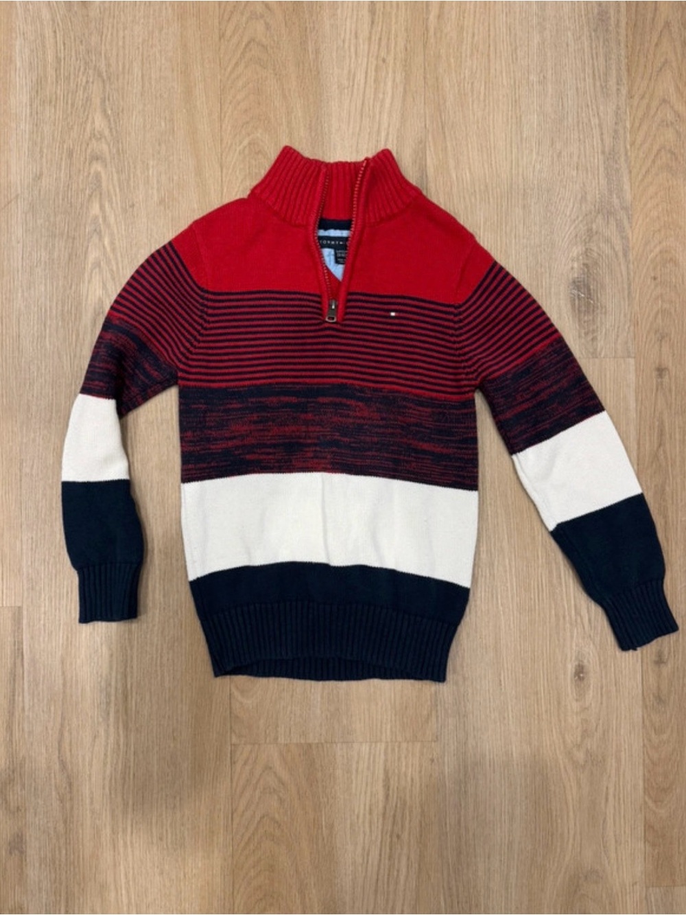 Tommy Hilfiger Red Navy Cream Striped Half-Zip Sweater